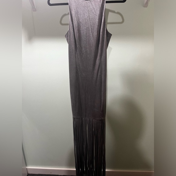 Halston Heritage Gunmetal Fringe Dress Gown, Grey/Silver/Metallic - Picture 4 of 9
